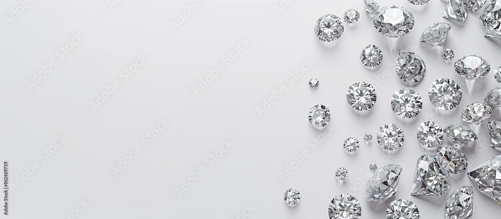 Flat lay of stunning shiny diamonds against a white backdrop with copy space image available. Flat lay of stunning shiny diamonds against a white backdrop with copy space image available.