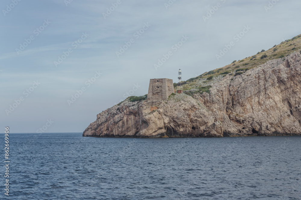 View of scenic Amalfi Coast with rocky cliffs and turquoise sea, Campania, Italy. View of scenic Amalfi Coast with rocky cliffs and turquoise sea, Campania, Italy.