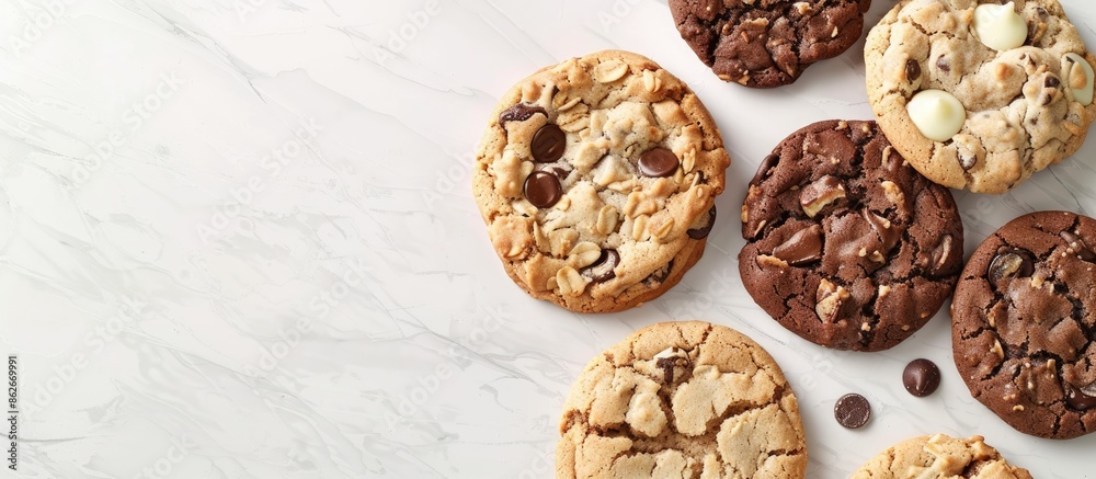 Assorted cookies including chocolate chip, oatmeal raisin, and white chocolate, displayed on a table with copy space image. Assorted cookies including chocolate chip, oatmeal raisin, and white chocolate, displayed on a table with copy space image.