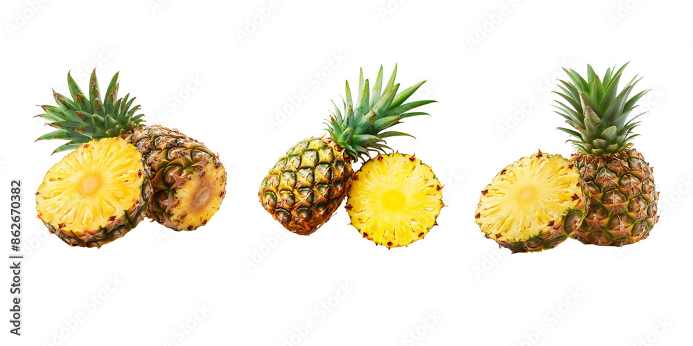 Fototapeta premium pineapple, fruit, cut, half, isolated, white background, clipping path, detailed, photo, high resolution, tropical, fresh, yellow, ripe, juicy, food, sweet, natural, vibrant, color, organic, healthy, 