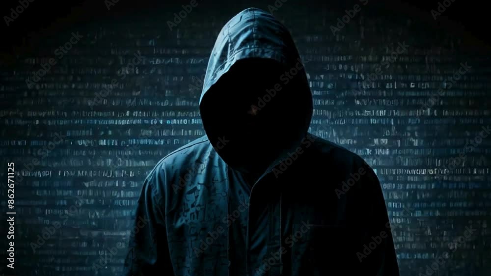 Hacker criminal in hoodie incognito anonymous unknown identity standing behind cyberspace programming hack code