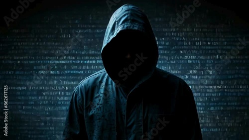 Hacker criminal in hoodie incognito anonymous unknown identity standing behind cyberspace programming hack code