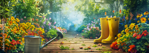 Herramientas de jardinería y botas de lluvia amarillas en un camino de madera en un jardín de flores con una pancarta de espacio de copia, al estilo de gran formato, luz solar, rayos de sol photo