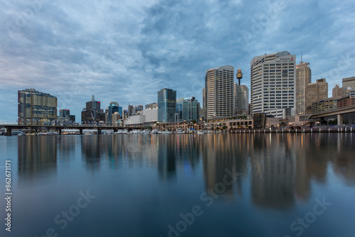 View of Darling Harbour at evening with modern buildings and cloudy sky, Sydney, New South Wales, Australia. photo