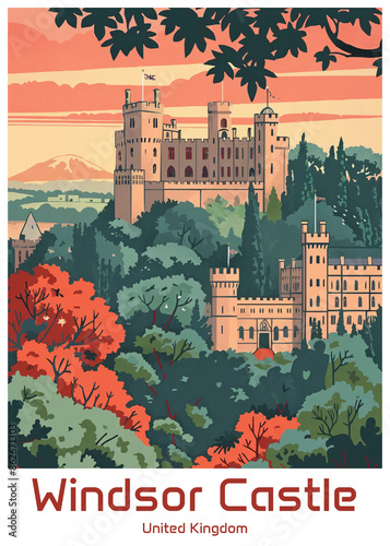 Windsor Castle Poster Illustration Travel Print Decor Gift Paper Canvas Wall Retro Art photo