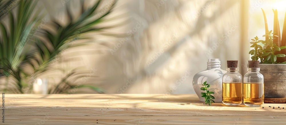 Table with sandalwood essential oil - Copy space image Table with sandalwood essential oil - Copy space image