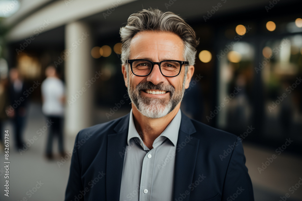  Portrait of a smiling senior businessman with gray hair and beard wearing glasses in front of an office building.