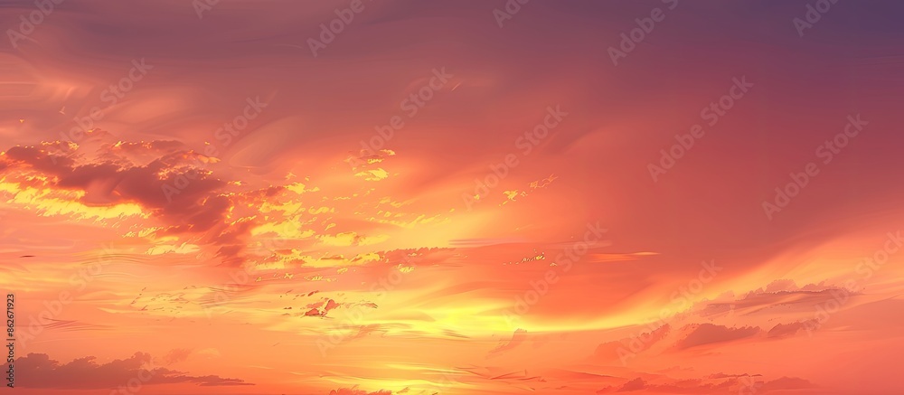 Fototapeta premium The evening sky glows with sunset hues of orange, creating a picturesque scene with beautiful tones and copy space image.