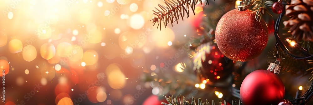 a Christmas tree with red ornaments and a pine cone on it's branch with a blurry background a Christmas tree with red ornaments and a pine cone on it's branch with a blurry background