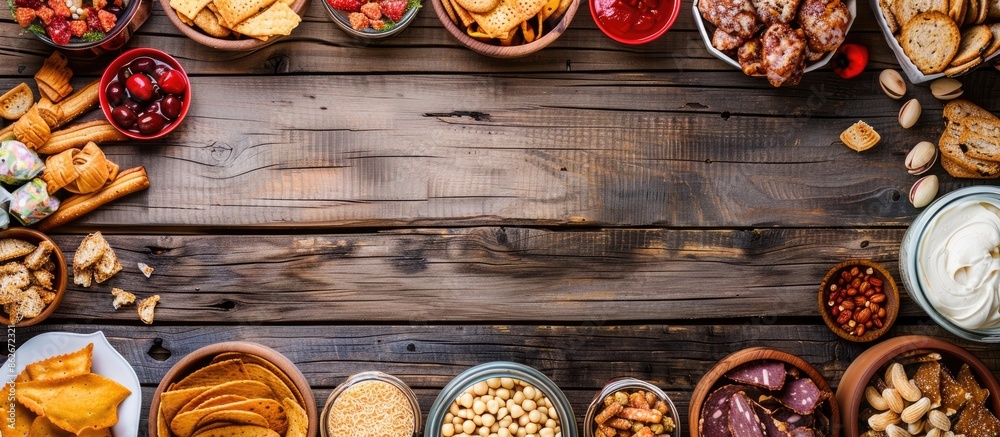 A variety of savory snacks arranged on one side of the rustic wooden background, leaving room for adding text or images in the open space. Copy space image. Place for adding text and design A variety of savory snacks arranged on one side of the rustic wooden background, leaving room for adding text or images in the open space. Copy space image. Place for adding text and design