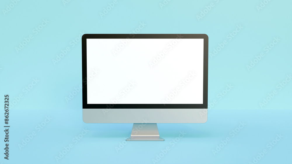 Modern computer monitor display with blank screen on blue background. Front view. Blank screen mock up on blue background. Modern computer monitor display with blank screen on blue background. Front view. Blank screen mock up on blue background.