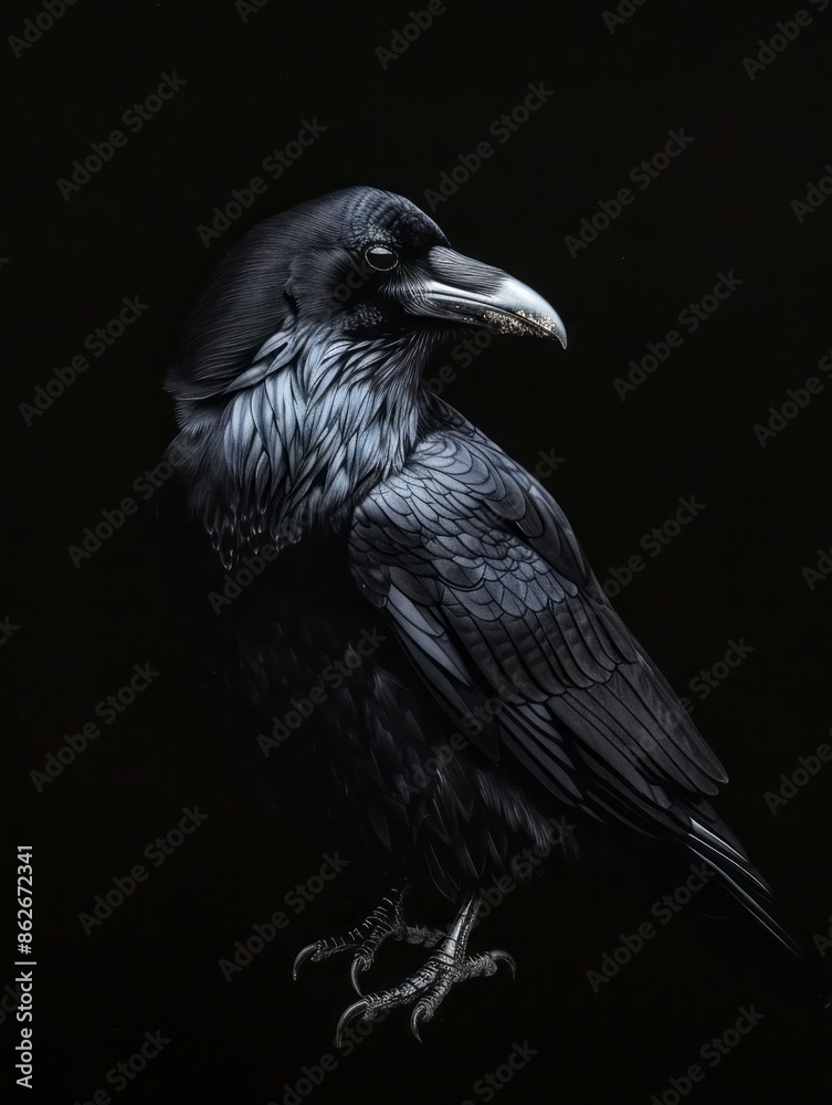 Fototapeta premium A black crow on a blurred black background, in a concept representing the energy of mystery and the determination of new beginnings.