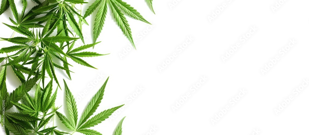 Top-down close-up photo wallpaper of green hemp and ganja leaf on a white isolated background with cannabis leaves and marijuana, providing plenty of copy space image. Top-down close-up photo wallpaper of green hemp and ganja leaf on a white isolated background with cannabis leaves and marijuana, providing plenty of copy space image.