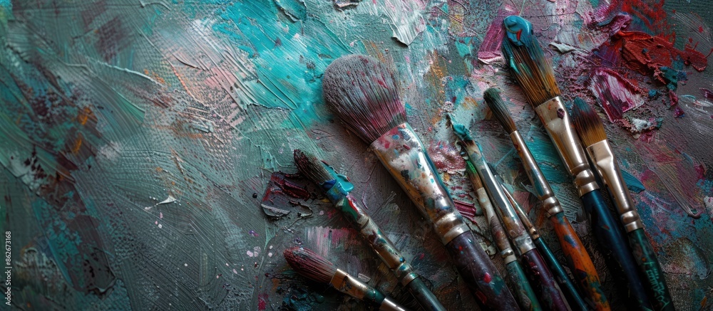 Fototapeta premium In the artist's studio, you can find old painting brushes with colored paint smudges, displayed against a copy space image.