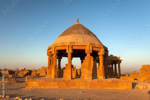 View of ancient Chaukhandi tombs at sunset, Karachi, Pakistan. photo