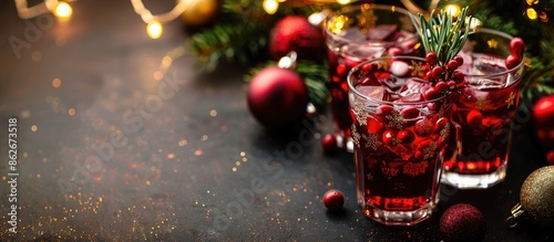Traditional holiday drink served in short glasses with Christmas decorations on a dark background, featuring a copy space image. photo