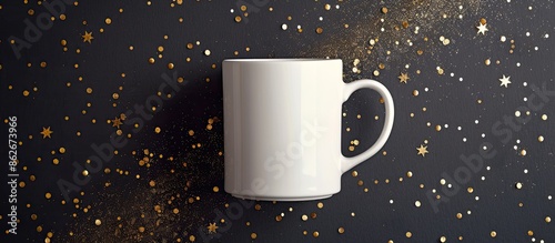 Top view of a white mockup mug on a black backdrop adorned with golden glitter, ideal for gift options, logos, branding, and designs. Emphasizing the essence of Christmas, New Year, and holiday photo