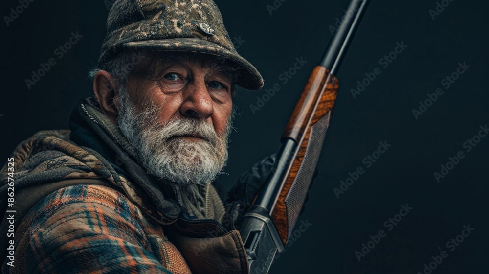 Obraz premium Studio shot of a mature hunter aiming with a rifle isolated on black background