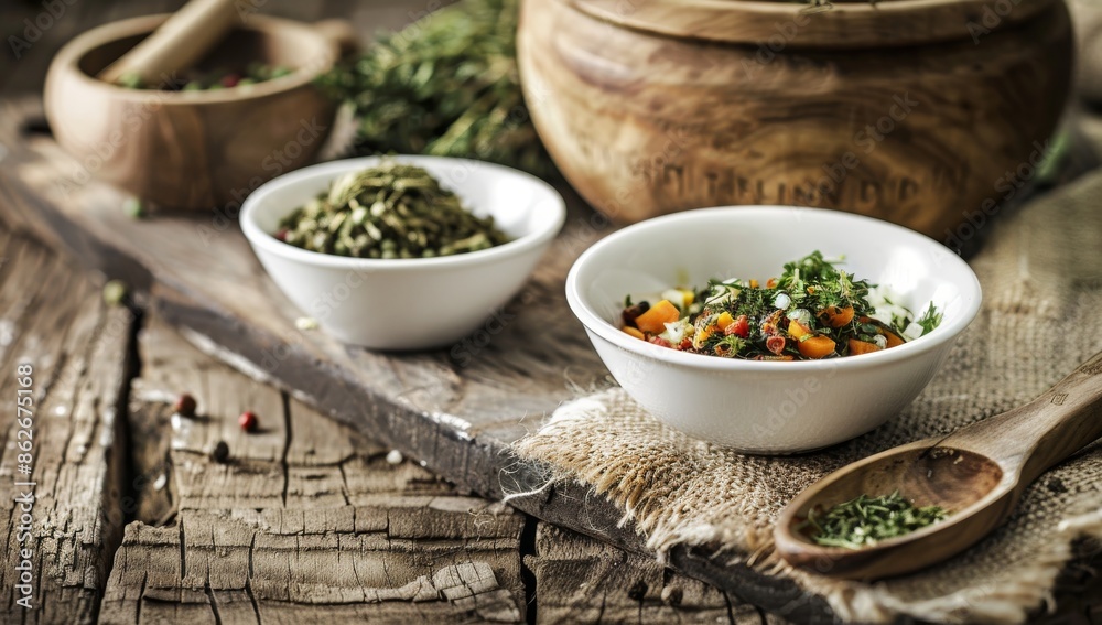 chopped veg in white bowls, dried and fresh with wooden measuring spoons on the background, old kitchen table, vintage wooden mortar for grinding tea leaves, spices and other seasonings chopped veg in white bowls, dried and fresh with wooden measuring spoons on the background, old kitchen table, vintage wooden mortar for grinding tea leaves, spices and other seasonings