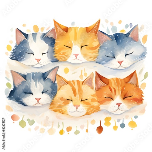 Watercolor illustration of adorable cats sleeping peacefully together, showcasing different coat colors and tranquil expressions. © nattapon