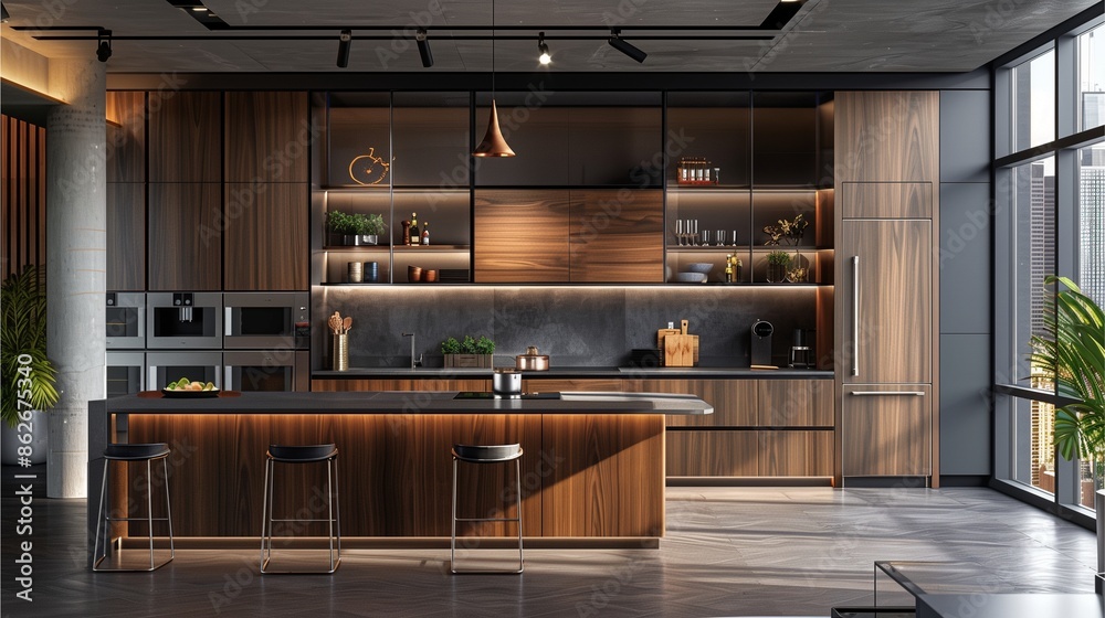 Sleek lines and contemporary finishes define this modern kitchen, where natural light streams through expansive windows, illuminating the stylish cabinetry and stainless steel appliances Sleek lines and contemporary finishes define this modern kitchen, where natural light streams through expansive windows, illuminating the stylish cabinetry and stainless steel appliances