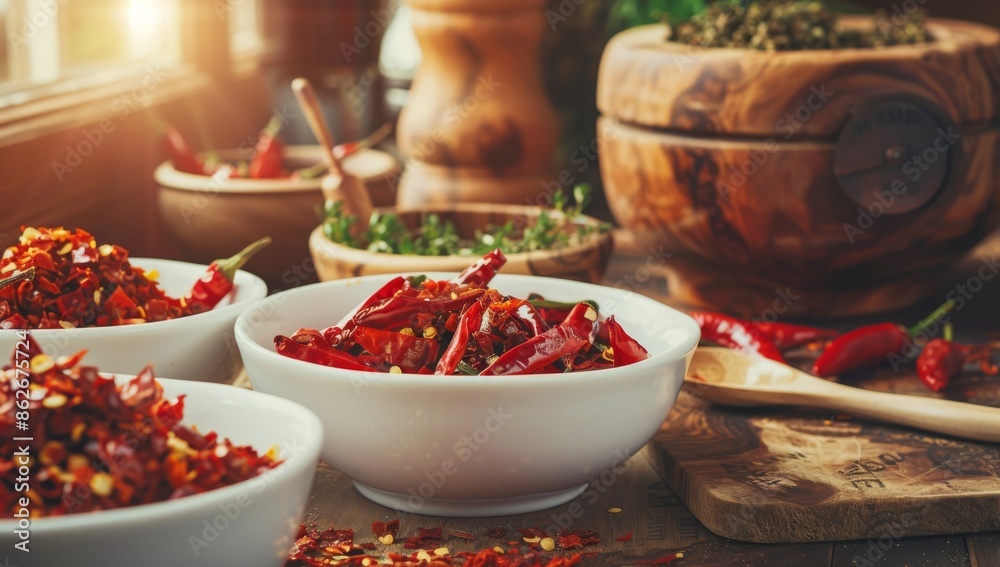 Fresh chopped red chilli peppers chopped veg in white bowls, dried and fresh with wooden measuring spoons on the background, old kitchen table, vintage wooden mortar, spices and other seasonings Fresh chopped red chilli peppers chopped veg in white bowls, dried and fresh with wooden measuring spoons on the background, old kitchen table, vintage wooden mortar, spices and other seasonings