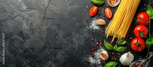 Top view of raw spaghetti on a black stone table with tomato, garlic, and basil, allowing for copy space image.