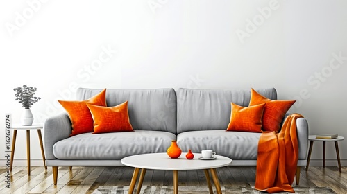 Modern minimalist living room interior with a stylish grey sofa and vibrant orange accents. Contemporary design. Perfect for home decor inspiration and interior design ideas. AI photo