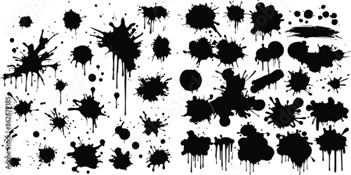 spray graffiti element set can splatter vector brush drip freehand kit urban street black grunge.  urban street black grunge. Cool hand writing stain splash, dirty messy airy ink stroke and circles. 