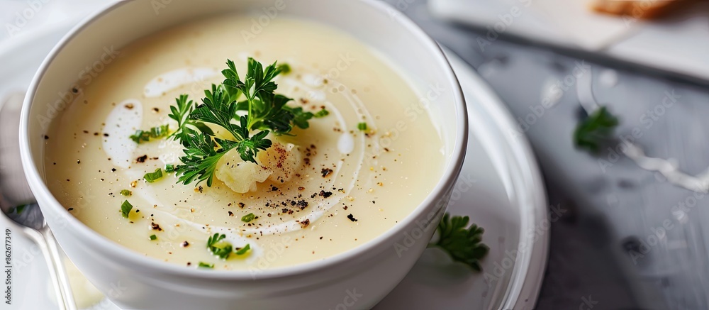 Upscale dining at a gourmet seafood restaurant featuring delectable cream soups and emphasizing proper nutrition to complement a luxury lifestyle, with copy space image. Upscale dining at a gourmet seafood restaurant featuring delectable cream soups and emphasizing proper nutrition to complement a luxury lifestyle, with copy space image.