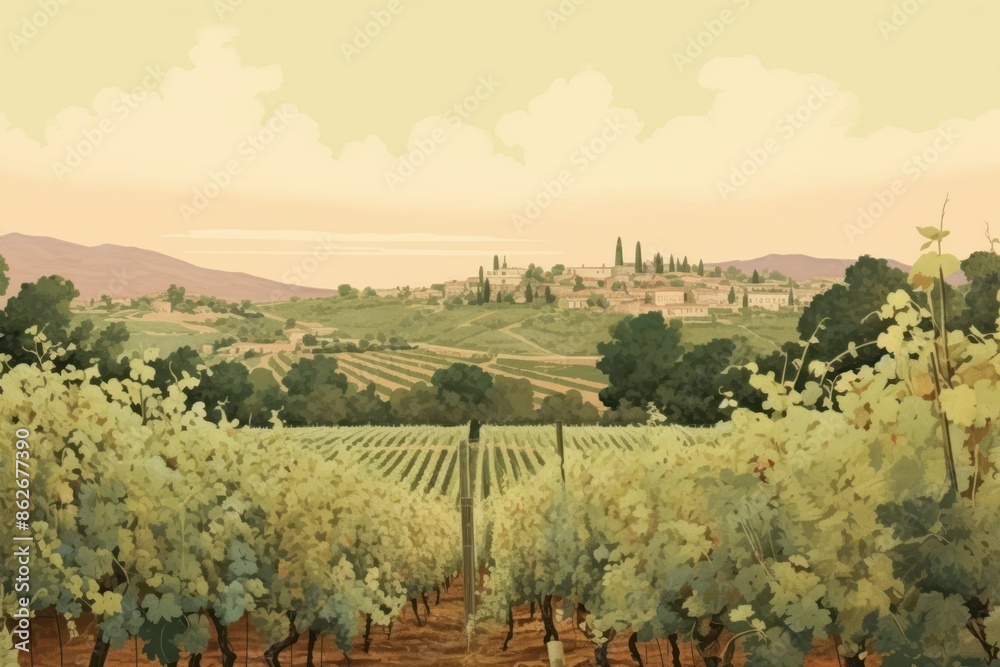 Naklejka premium Illustration of vineyards outdoors nature farm.