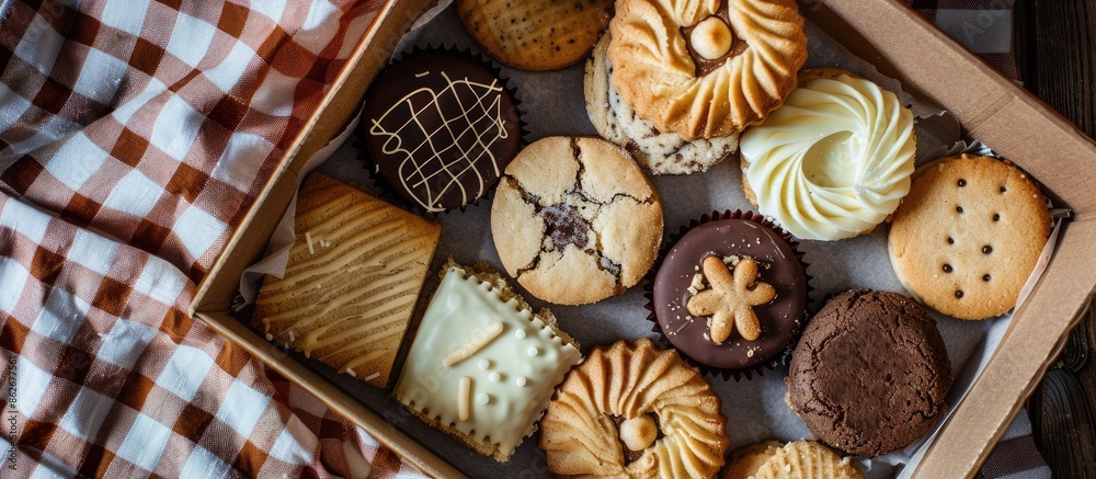 Flat lay photo of a box filled with homemade cakes, including round cookies, chocolate treats, nougat, and gingerbread cookies, on a checkered tablecloth with copy space image. Flat lay photo of a box filled with homemade cakes, including round cookies, chocolate treats, nougat, and gingerbread cookies, on a checkered tablecloth with copy space image.