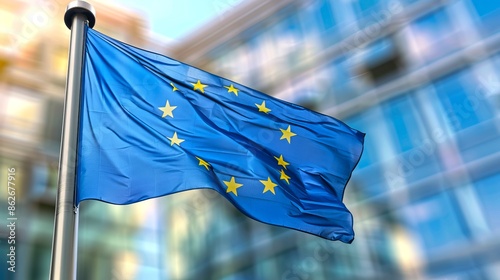 European Union flag waving in front of modern office building. Bright, sunny day. Clear blue sky and glass structure. Represents unity, cooperation and economic strength. Stock photo. AI photo