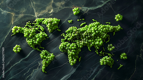 Creative World Map Collage Made from Green Grapes on Dark Marble Background