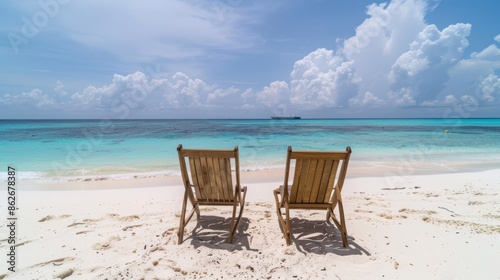 photograph of This is the vacation time show wood chairs on a beautiful tropical beach with white sand and clear turquoise ocean at exotic island --ar 16:9 Job ID: daef7dd3-e1ec-4869-b811-8323a2ab105c © chutikan