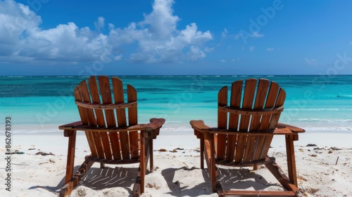 Wooden chairs are lined up on the beach with white sand and clear turquoise ocean.