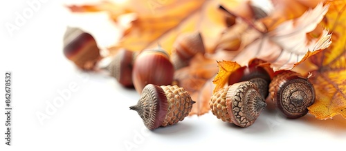 Acorns in fall on white backdrop with room for text, a copy space image.