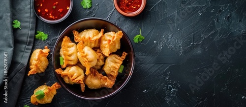 Delicious Chinese dumplings fried to perfection, great for appetizers with a copy space image.