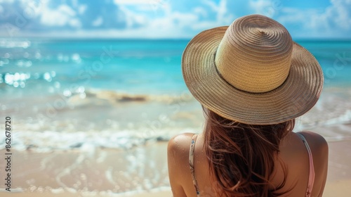 woman with straw hat on the beach on a sunny day © chutikan