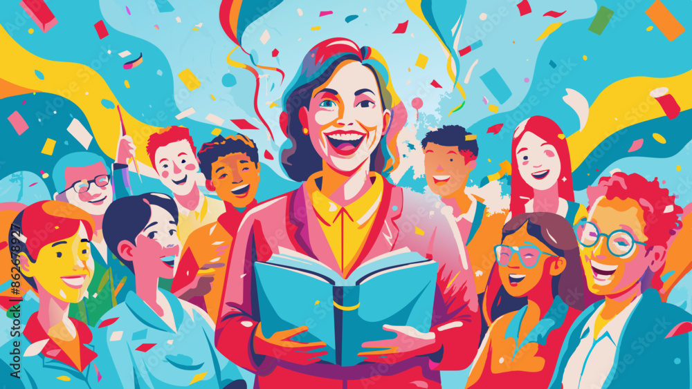 Vibrant Illustration of Joyful Teacher and Students Celebrating Success Vibrant Illustration of Joyful Teacher and Students Celebrating Success