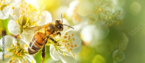Honey bee with yellow pollen, collecting nectar from white flower against green backdrop, crucial for environmental sustainability with copy space image.