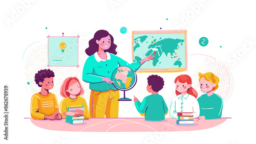 Engaged Students in Colorful Geography Class Illustration