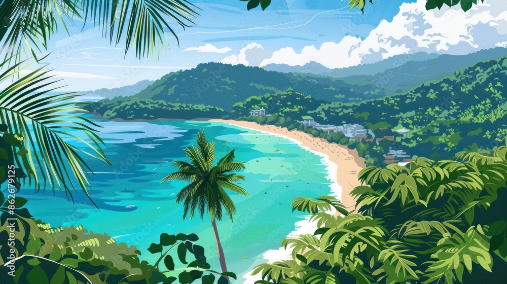 Aerial view of the sandy beach of the Andaman Sea, blue sea. and forests in Phuket Island in summer, Thailand Aerial view of the sandy beach of the Andaman Sea, blue sea. and forests in Phuket Island in summer, Thailand