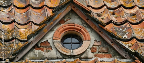 A newly tiled roof surrounds an old, unique eye-shaped window in this architectural image with copy space. photo