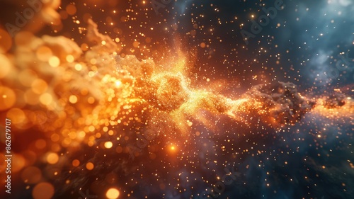 Abstract explosion of bright particles in space. Motion shot of explosion vibrant planet or blasting rock surrounded space and stars. Cosmic event and energy concept for design and wallpaper. AIG53F. photo