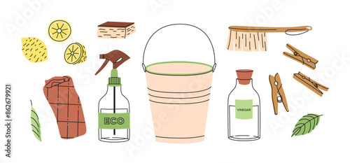 Eco-friendly cleaning products set. Bucket, brushes, vinegar, pins. Organic natural ecological cleaners, soap, brushes. Green housework stuff, clean home supplies. Flat graphic vector illustration