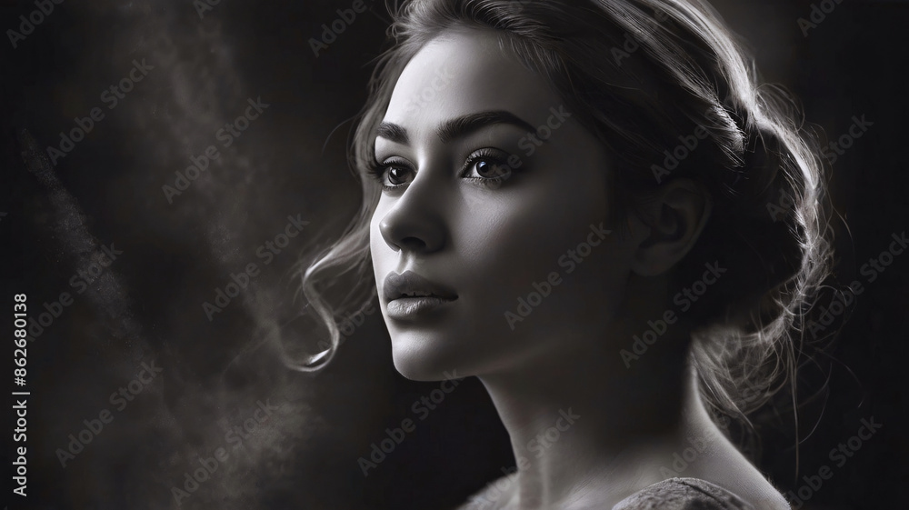 Portrait jolie brune fusain monochrome IA 26 Portrait jolie brune fusain monochrome IA 26