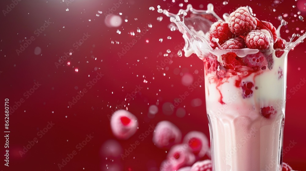A glass of raspberry flavored drink with a splash of water. The drink is served in a glass with a red background A glass of raspberry flavored drink with a splash of water. The drink is served in a glass with a red background