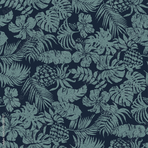 Tropical flower leaf pineapple patchwork vintage vector seamless pattern for fabric shirt beach towel tablecloth pillow wrapping grunge effect in separate layer