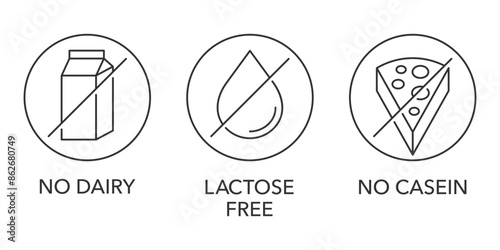 No dairy, Lactose-free and No casein stamp in in thin line